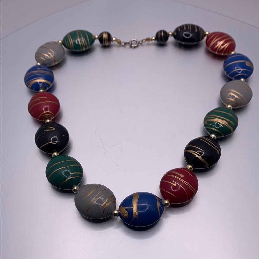 Vintage Multicolor Gold Painted‎ Bead Necklace 16” Spring Ring Clasp